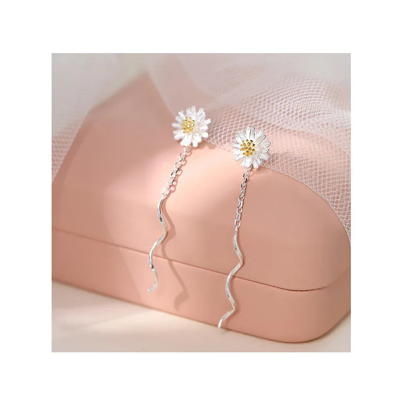 Silver Daisy Flower Long Wire Tassel Earrings with Crystal Zircon for Women