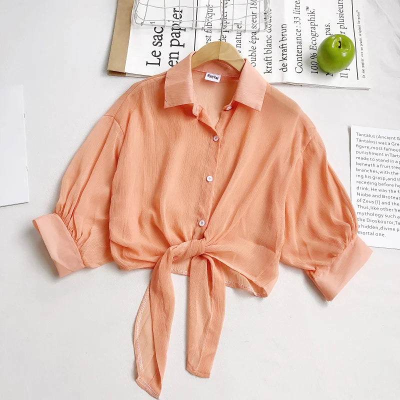 Women Buttoned Up Chiffon Blouse Tied Waist Crop Top Office Lady Shirt Thin and Lightweight