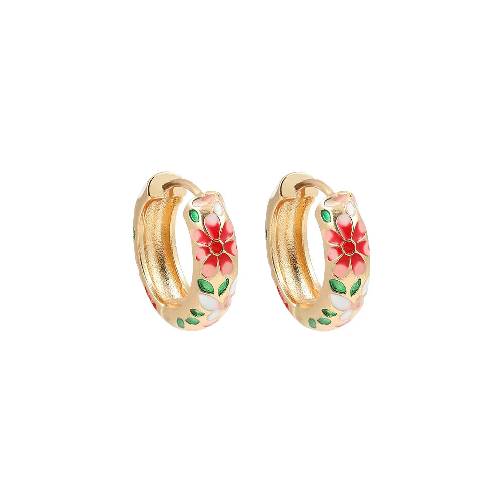 Vintage Enamel Flower Huggie Hoop Earrings for Women Colorful Engraved Round Retro Ear Jewelry