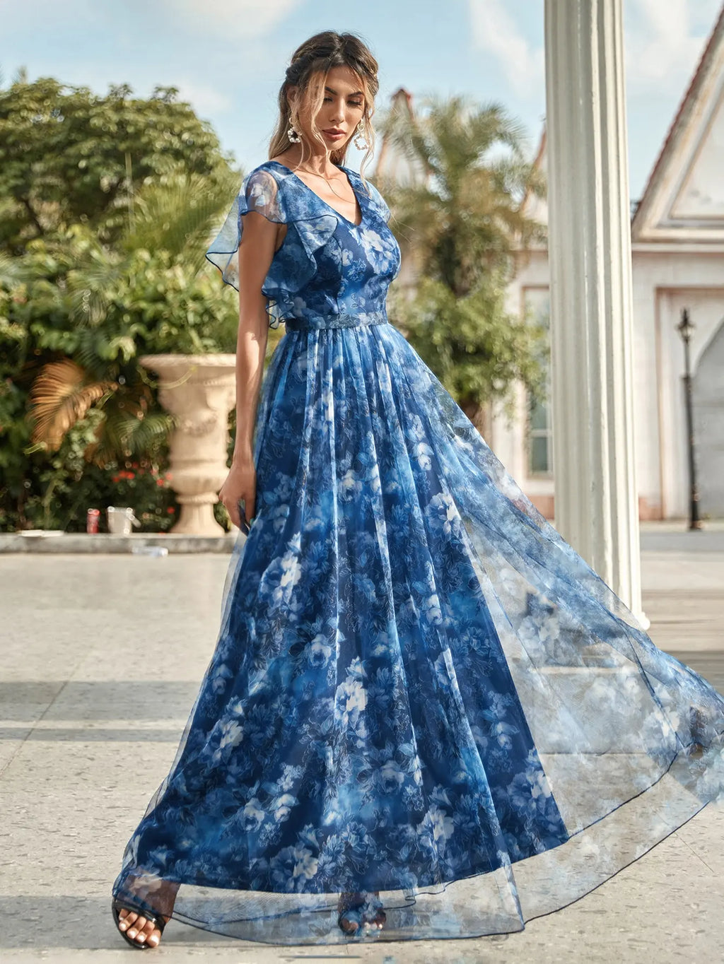 V Neck Lace Patchwork Evening Gown With Ruffled Sleeves