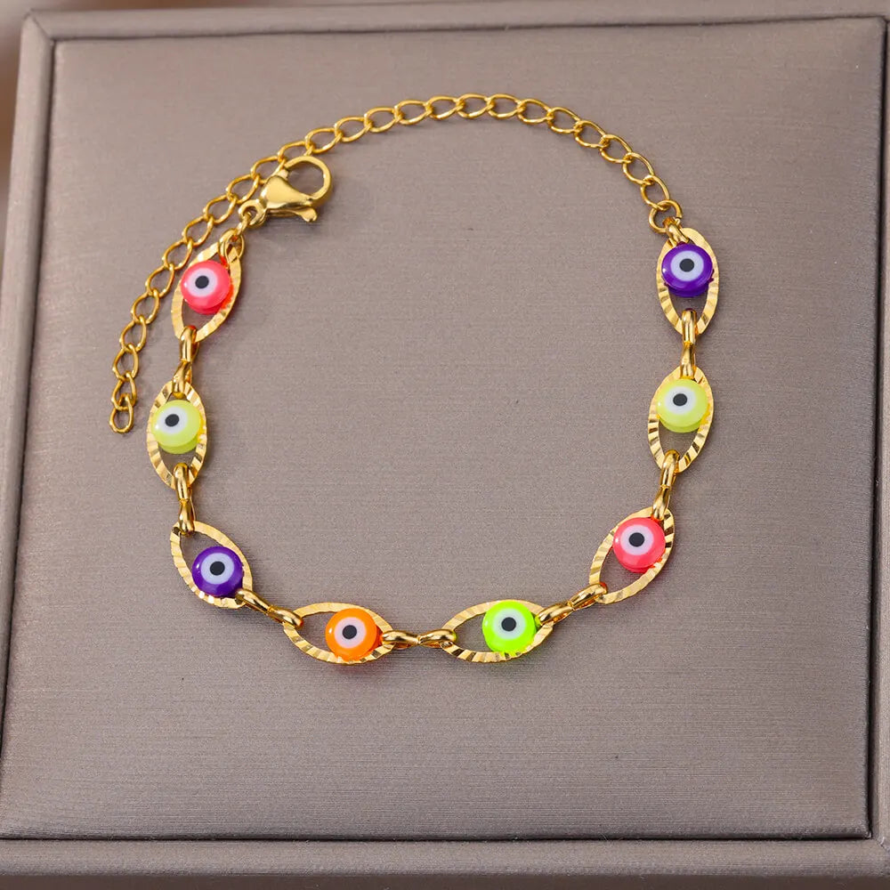 Gothic Rainbow Evil Eye Bracelet for Women Stainless Steel Gold Color Turkish Charm Chain Jewelry