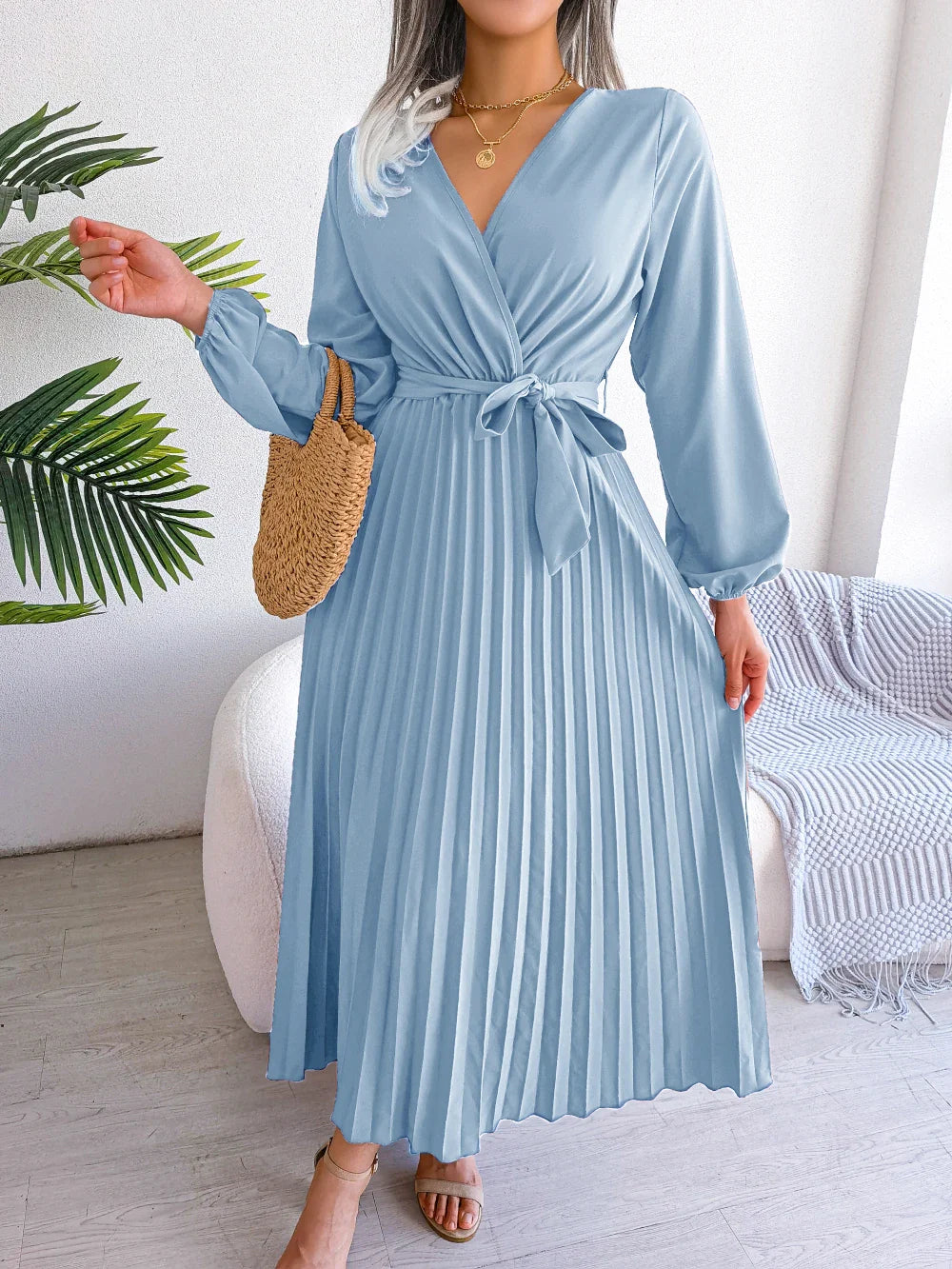Elegant Surplice Neck Pleated Maxi Dress With Belt Flair