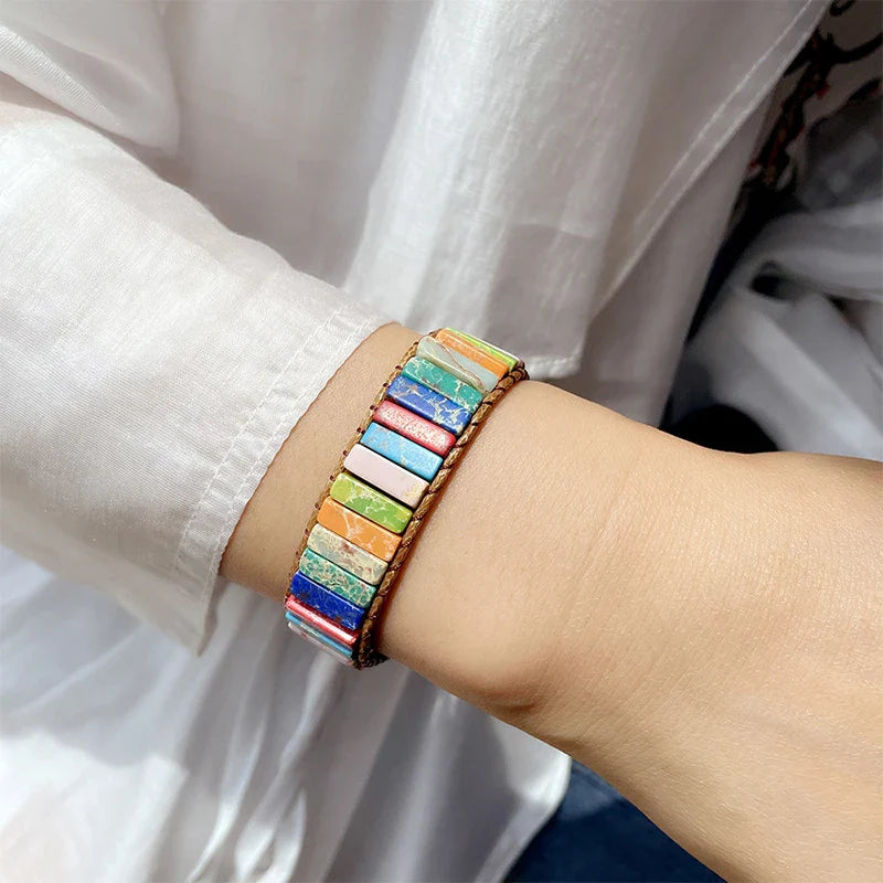 Bohemian Multicolor Chakra Healing Bracelet with Rectangular Stones and Leather Rope Woven Design