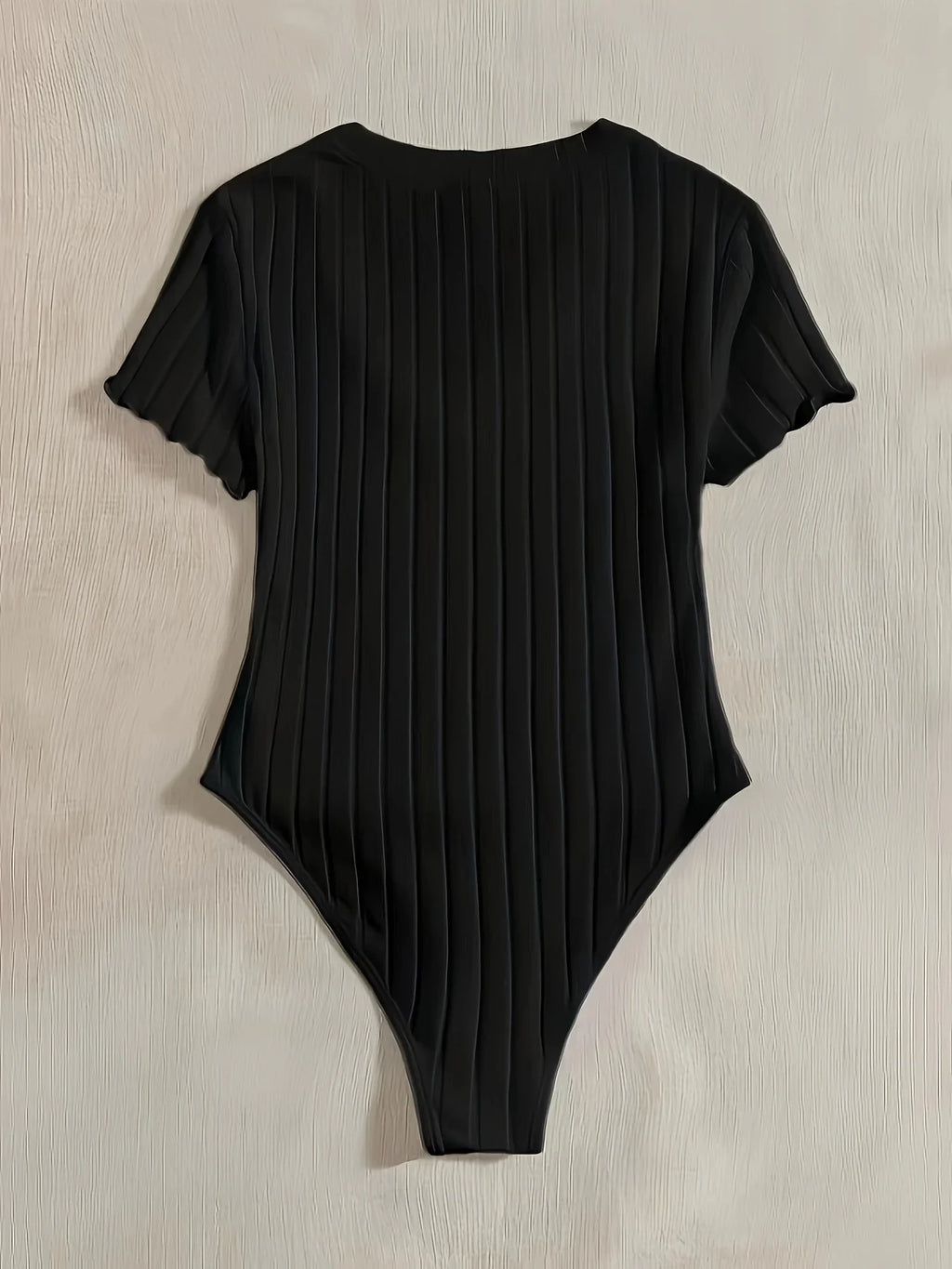 Elegant Ribbed V-Neck Bodysuit with Lettuce Trim and Semi-Sheer Comfort Fit for All Seasons
