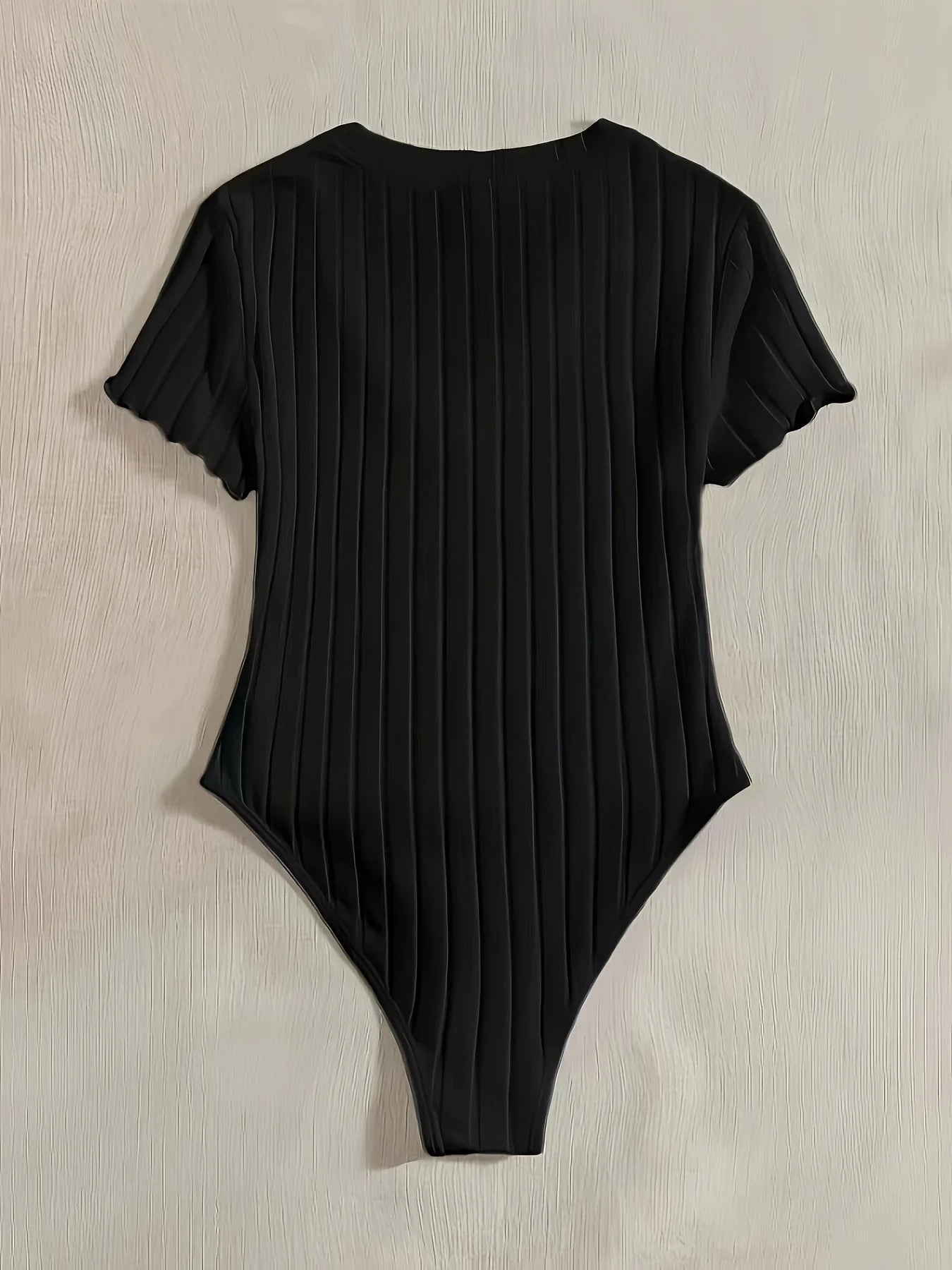 Elegant Ribbed V-Neck Bodysuit with Lettuce Trim and Semi-Sheer Comfort Fit for All Seasons