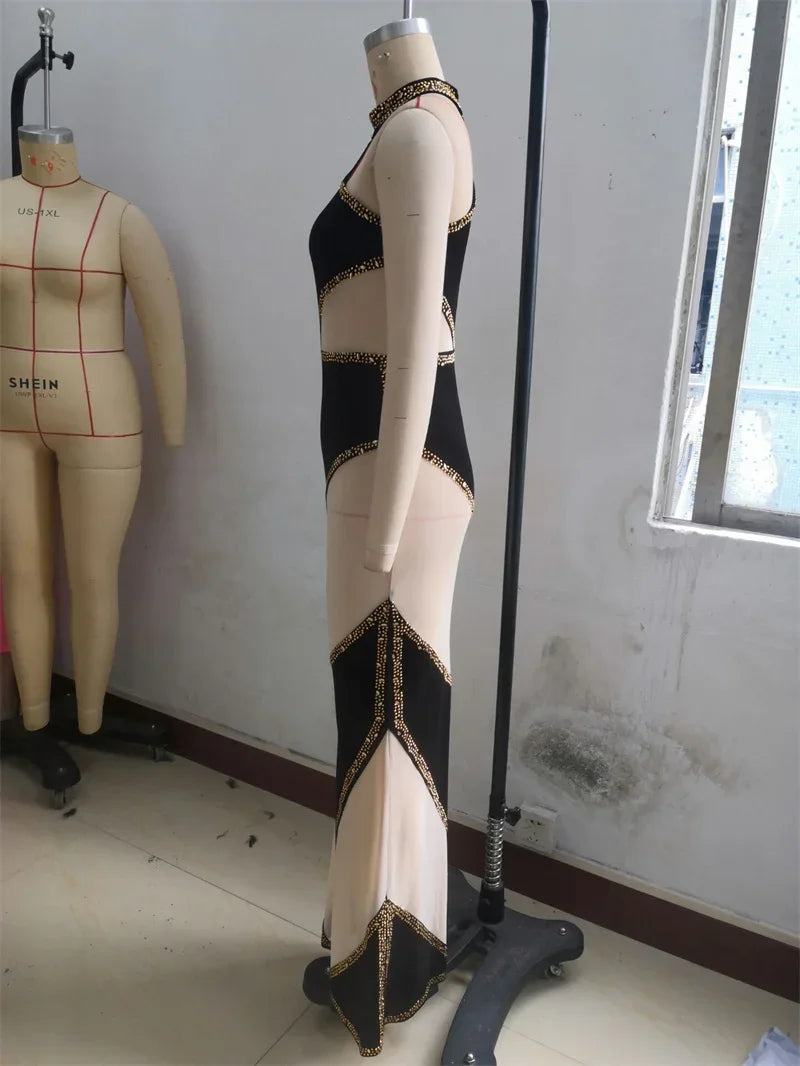 Sexy Halter Rhinestone Mesh See Through Maxi Party Dress