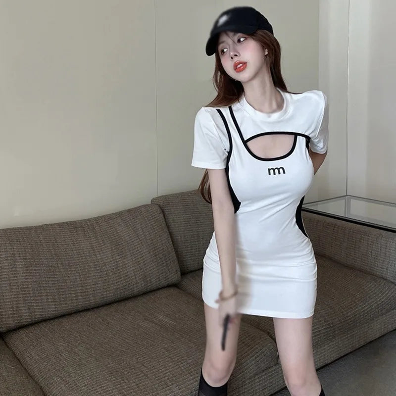 Women Hollow Out O Neck Short Sleeve Patchwork Mini Dress