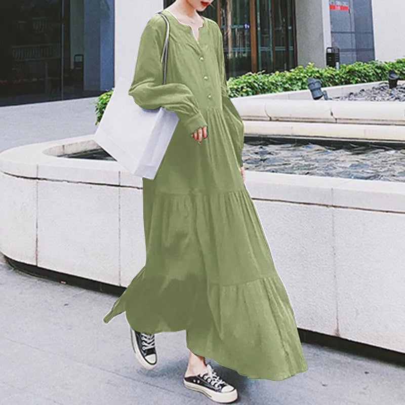 Womens Long Sleeve Swing Dress Cotton Hemp Casual Elegant