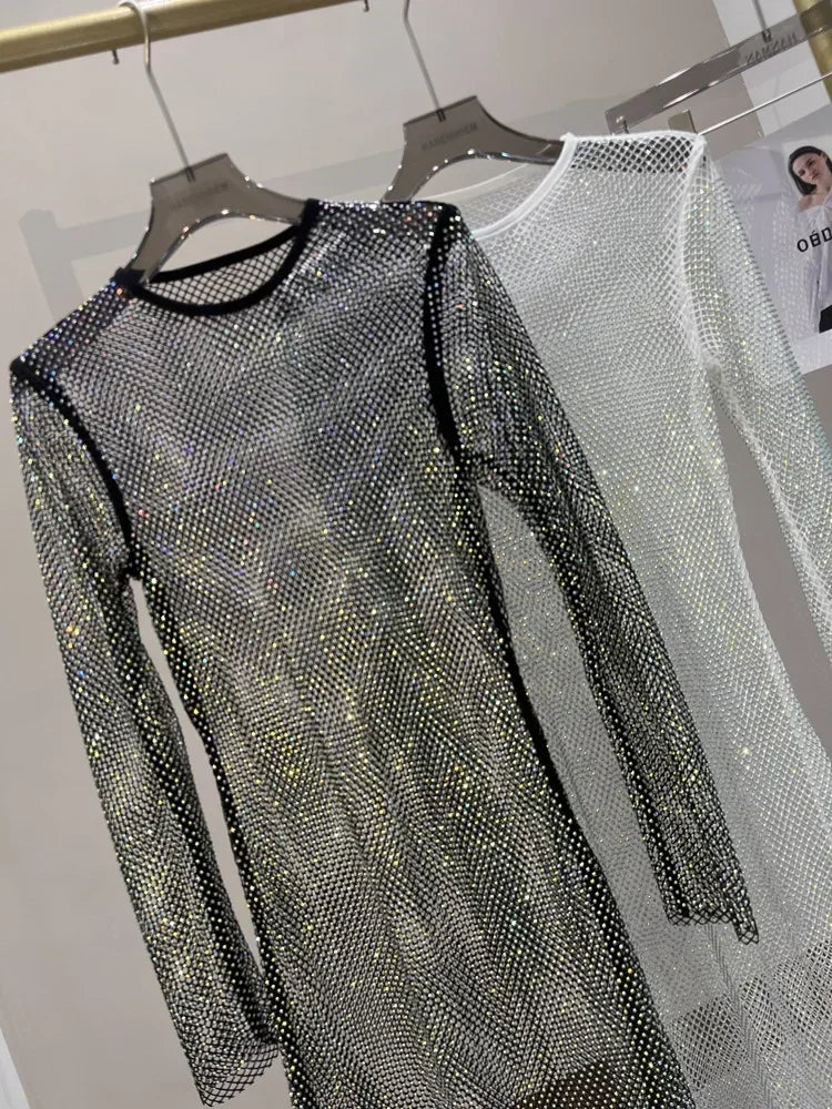 Colorful Sequin Diamond Dress Round Neck Midi Hollow