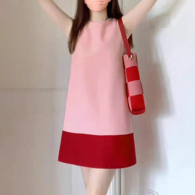 Korean Style Patchwork Sundress Sleeveless Round Neck Mini