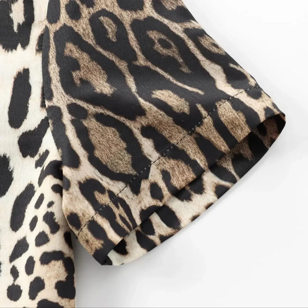 Leopard Print Midi Dress For Women Shirt Style Short Sleeve
