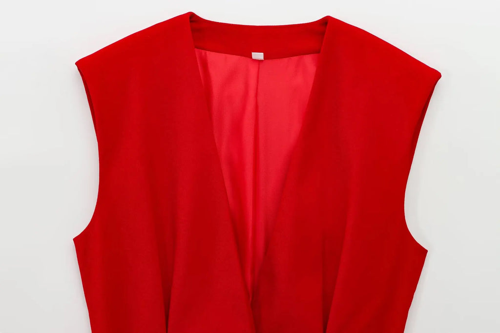 Fashionable Red Vest and Flared Pants Suit for Women with Belt, Versatile and Simple Temperament Outfits