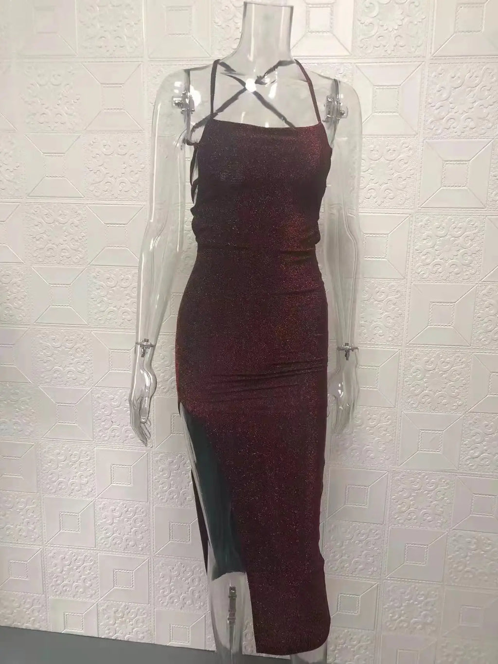 Backless Square Neck Wrap Dress With Slit In Solid Color