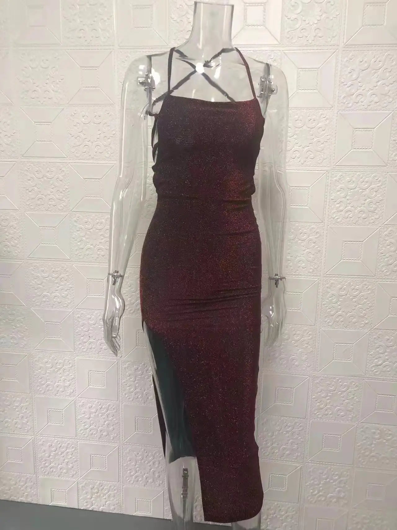 Backless Square Neck Wrap Dress With Slit In Solid Color