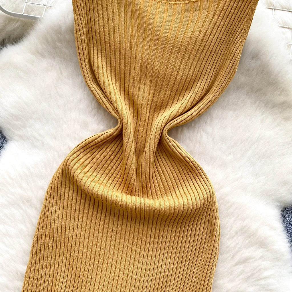 Knit Maxi Dress Women Sleeveless O Neck Bodycon Solid