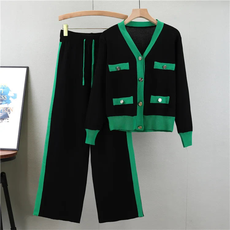Women's Knitting Sweater Set with V-neck Cardigan and Wide Leg Pants for Cozy Autumn and Winter Wear