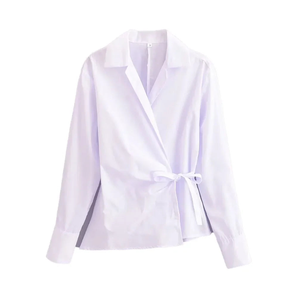 Women's Summer Lapel Poplin Shirt Long Sleeve Slim Fit Bow Tie Wrap Solid Color Blouse