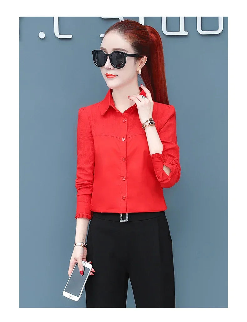 Women's Pure Cotton Long Sleeve Shirt Professional Decoration Body Contour Spring Autumn Fashion Top