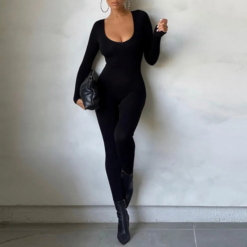 Women's Black Long Sleeve Bodycon Jumpsuit Slim Fit Sexy Solid Romper Casual Sporty Skinny Streetwear for Autumn Winter