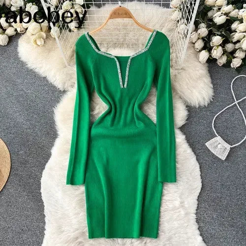 Knit Bodycon Dress For Women Long Sleeve Winter Sweater