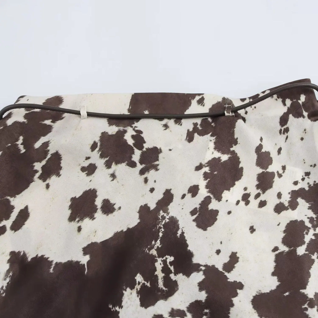 Brown Printed Casual Shirt and High Waist Drawstring Belt Satin Midi Skirt Matching Set for Women Spring Fashion Skirts Suit