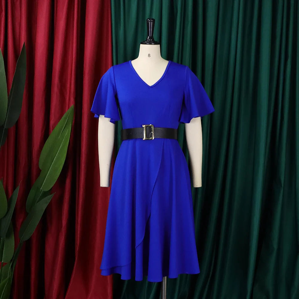 Elegant Womens Belted Round Neck Ruffle Sleeve Midi Dress