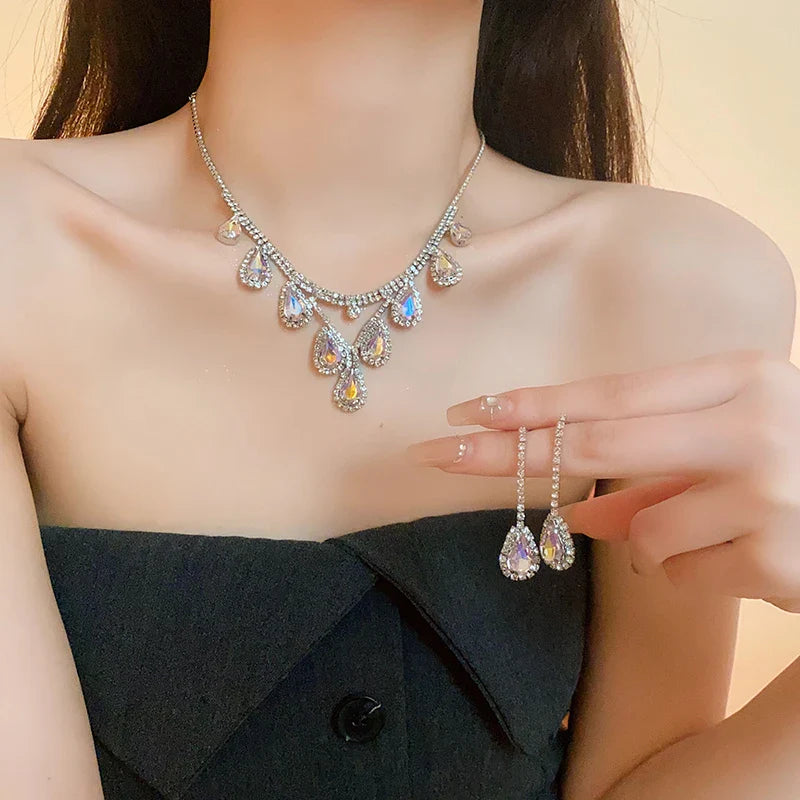 Large Water Drop Rhinestone Necklace and Earrings Set for Women Bridal Wedding Party Jewelry