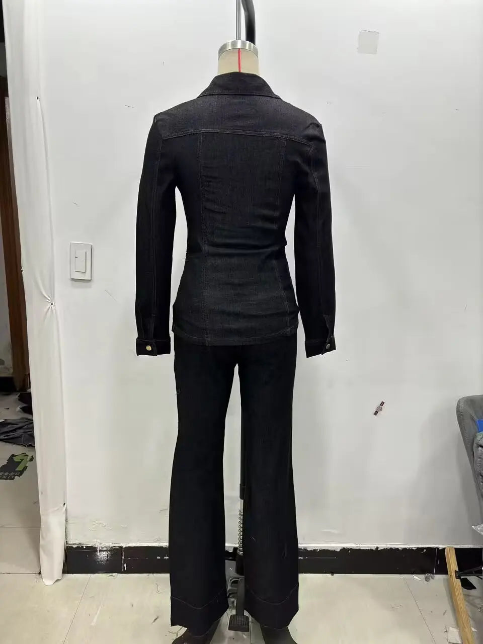 Women Black Denim Pants Set with Fitted Shirt and Patch Pockets Straight Leg Jeans Suit