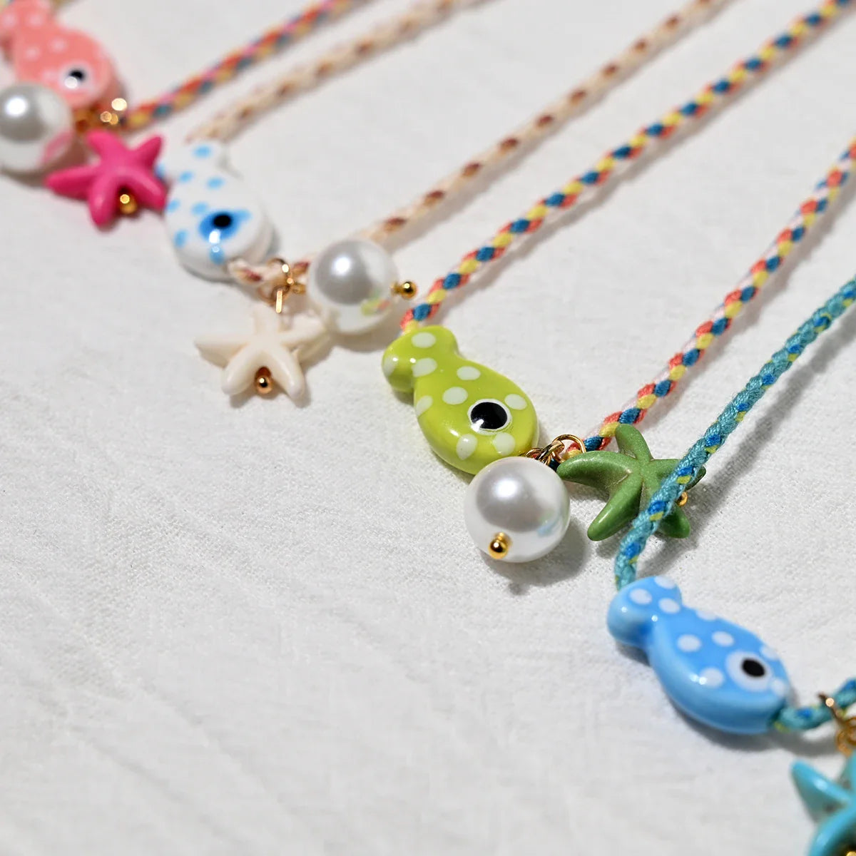 Colorful Bohemian Ceramic Fish Pendant Necklace for Women Adjustable Multicolored Rope Choker