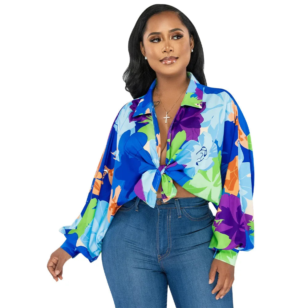 Women's Printed V-Neck Ramie Shirt Loose Bat-Sleeve Summer Top with Belly Cover Age-Reducing Design