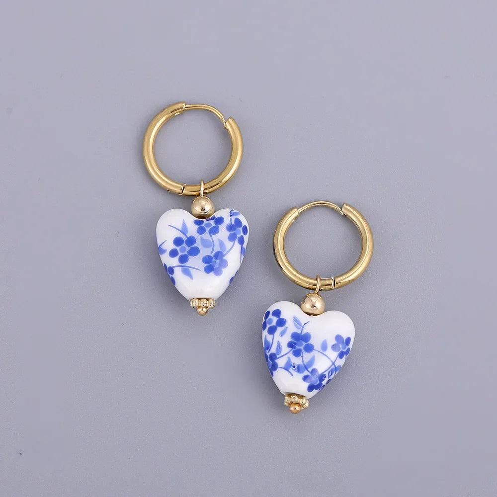 Blue and White Porcelain Teapot Pendant Earrings Vintage Ceramic Heart Ball Dangle Earrings with Pearl Accents