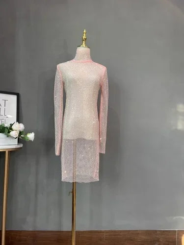 Rhinestone High Neck Glitter Party Dress Mid Length