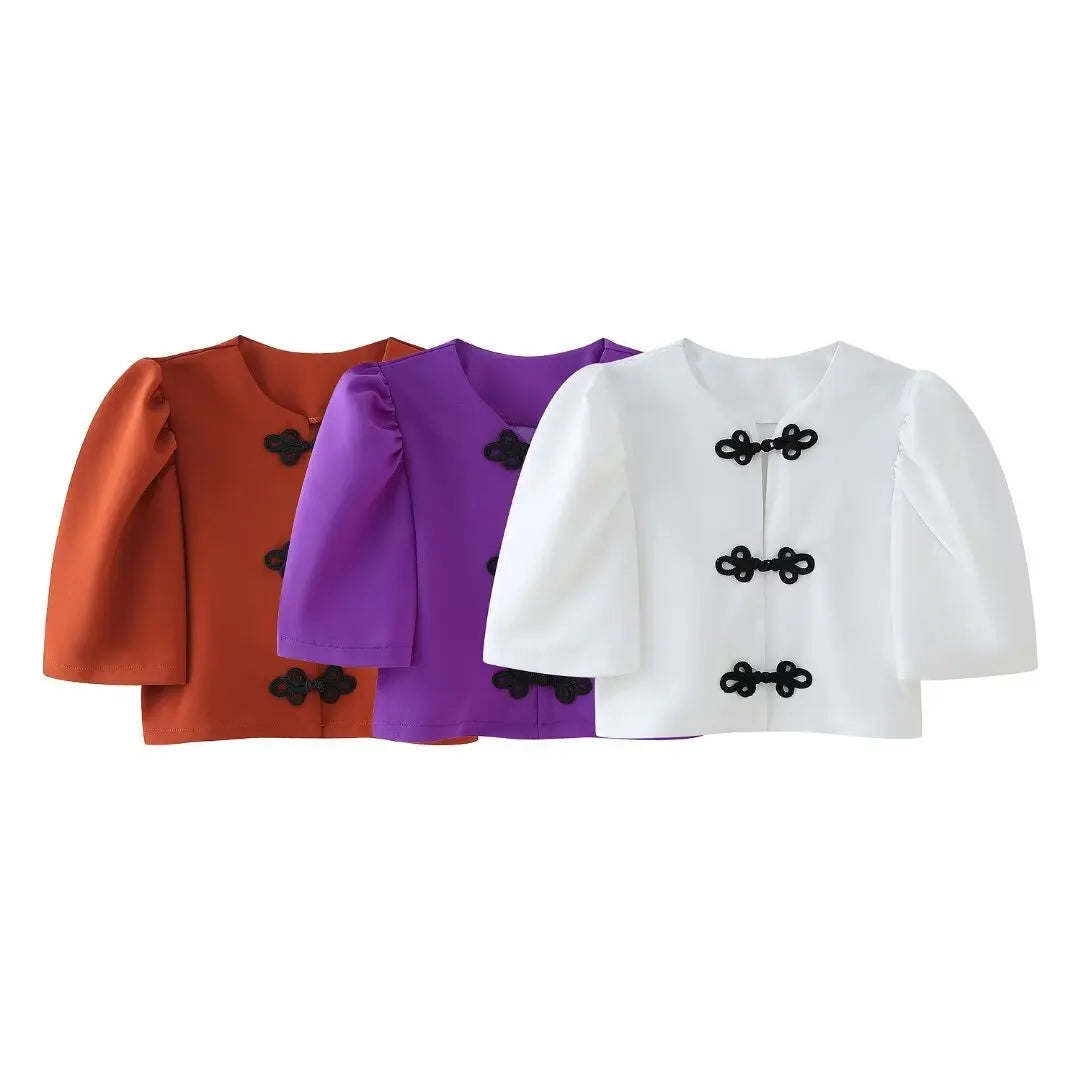 Women's Summer 2-Piece Set Solid Color Puff Sleeve Shirt and Zipper Mid-Rise Street Pants