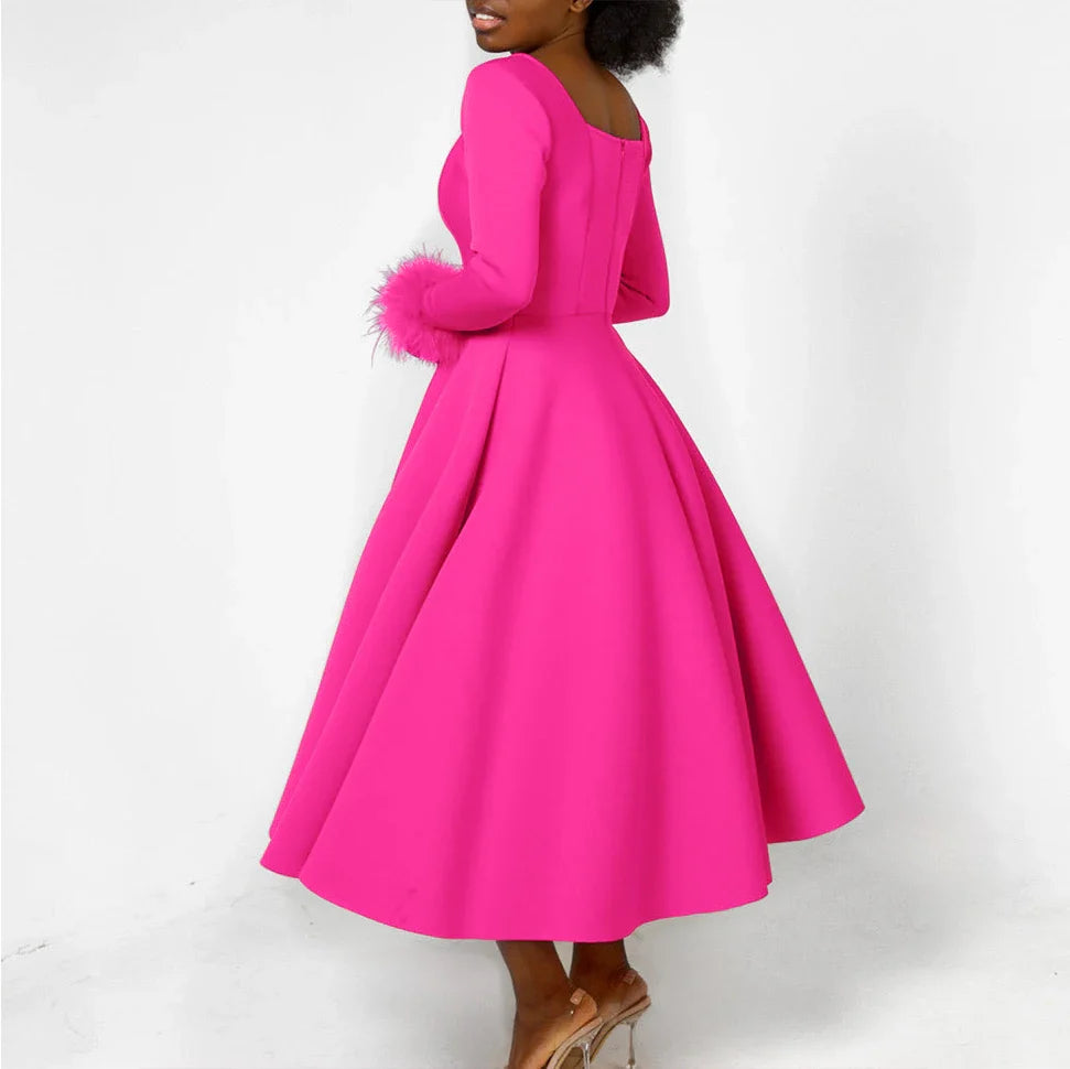 Square Neck Party Dress Women Pleated A Line Mid Calf