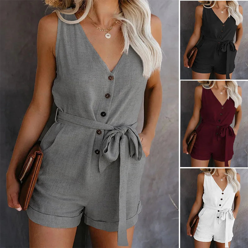 Women's Casual V Neck Monochromatic Jumpsuit with Five Point Shorts Lightweight Summer Outfit