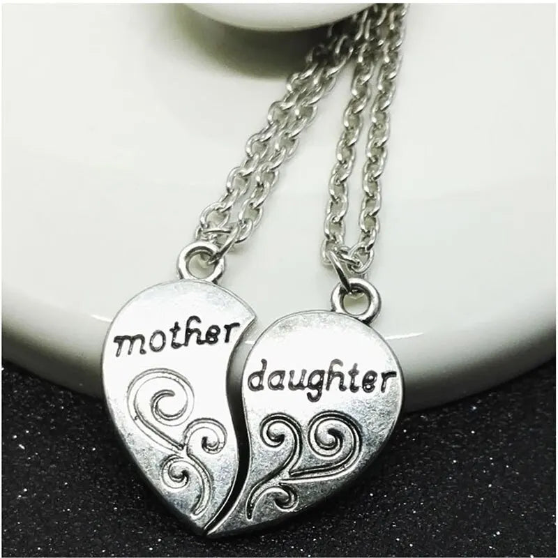 2pcs Antique Silver Plated Parent Child Necklace Set for Mother Daughter Love Jewelry