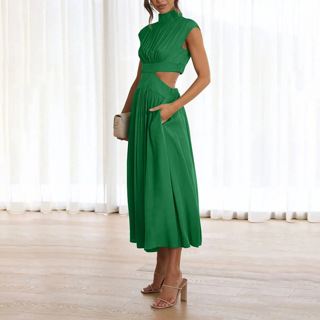 Solid Color High Waist Maxi Dress Sleeveless With Pockets