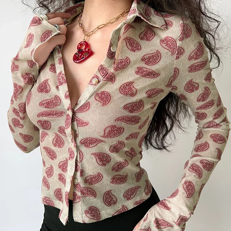 Women Printed Long Sleeve Blouse Turn-Down Collar Button-Up Cardigan Shirt Casual Office Top Vintage Autumn Fashion