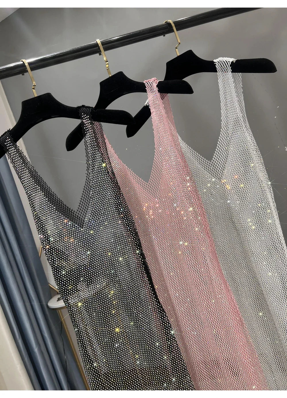 Rhinestone Party Dress Deep V Neck Mesh Club Wear For Women