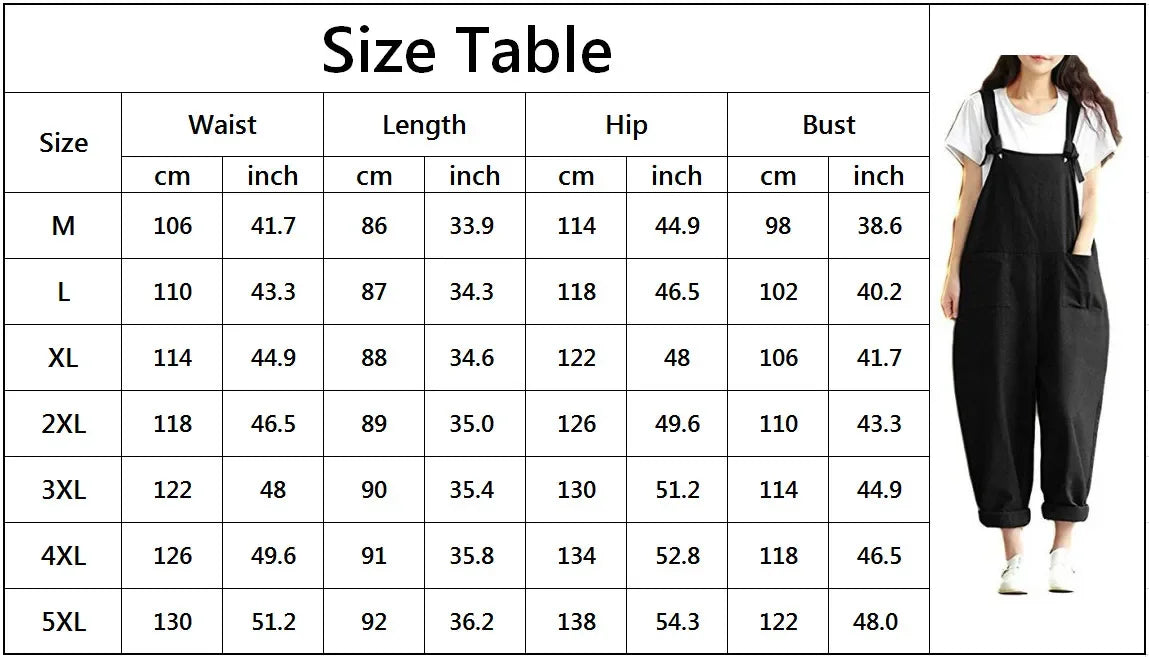 Casual Loose Fit Solid Strap Jumpsuit with Pockets Women's Plus Size Harem Dungaree Overalls 5XL