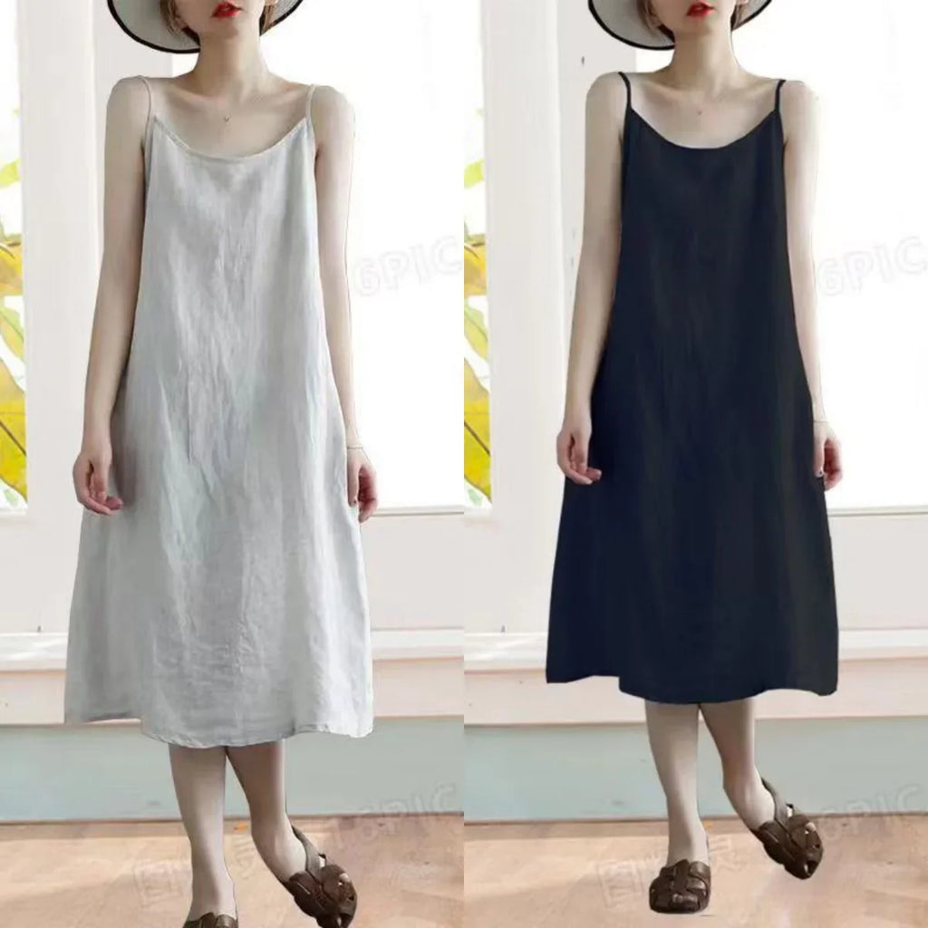Cotton Linen Beach Dress Women Sleeveless A Line Summer