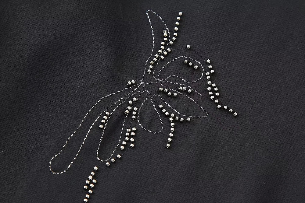 Women's Beaded Embroidery Long Sleeve Shirt and Loose Trousers Set with Lace Up Details