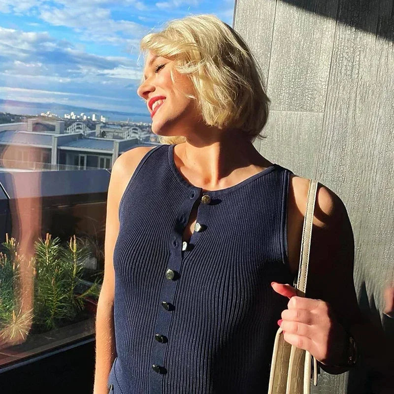 Elegant Sleeveless Ribbed Knit Bodycon Dress High Waist