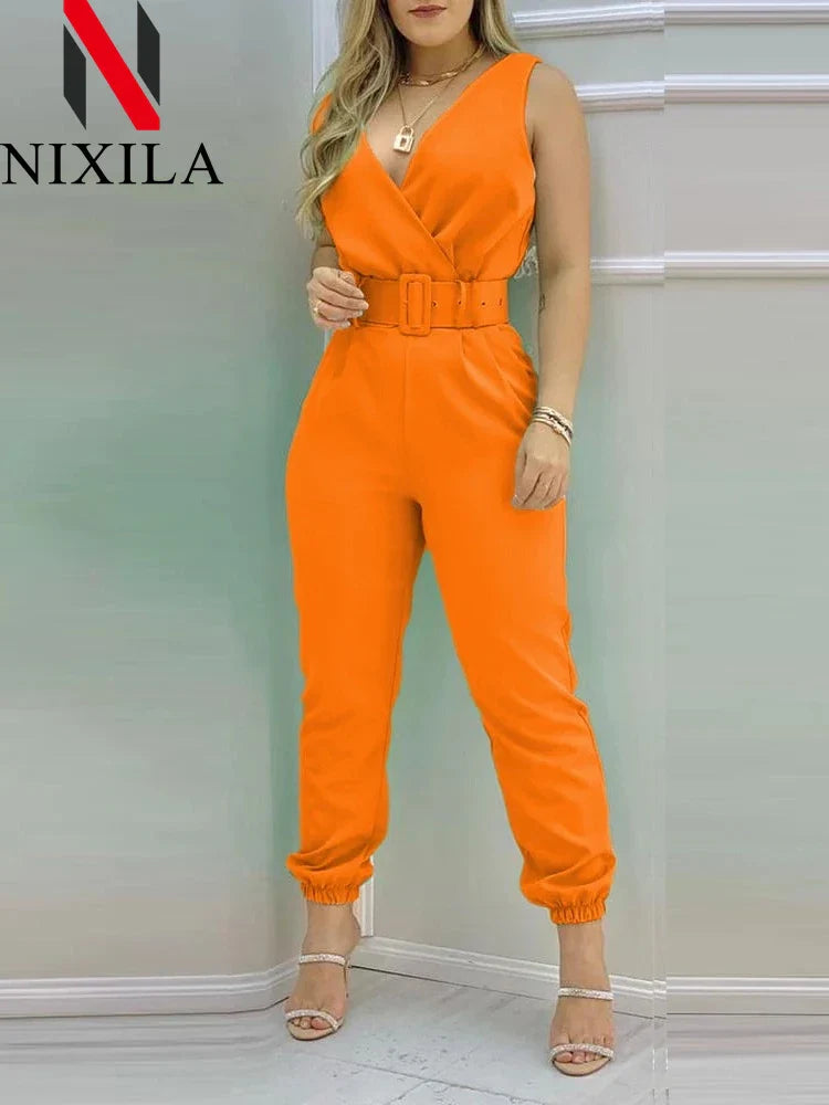 Backless V Neck Printed High Waist Jumpsuit For Women