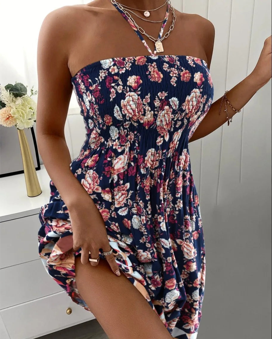 Floral Print Halter Neck Dress With Shirred Bust For Summer