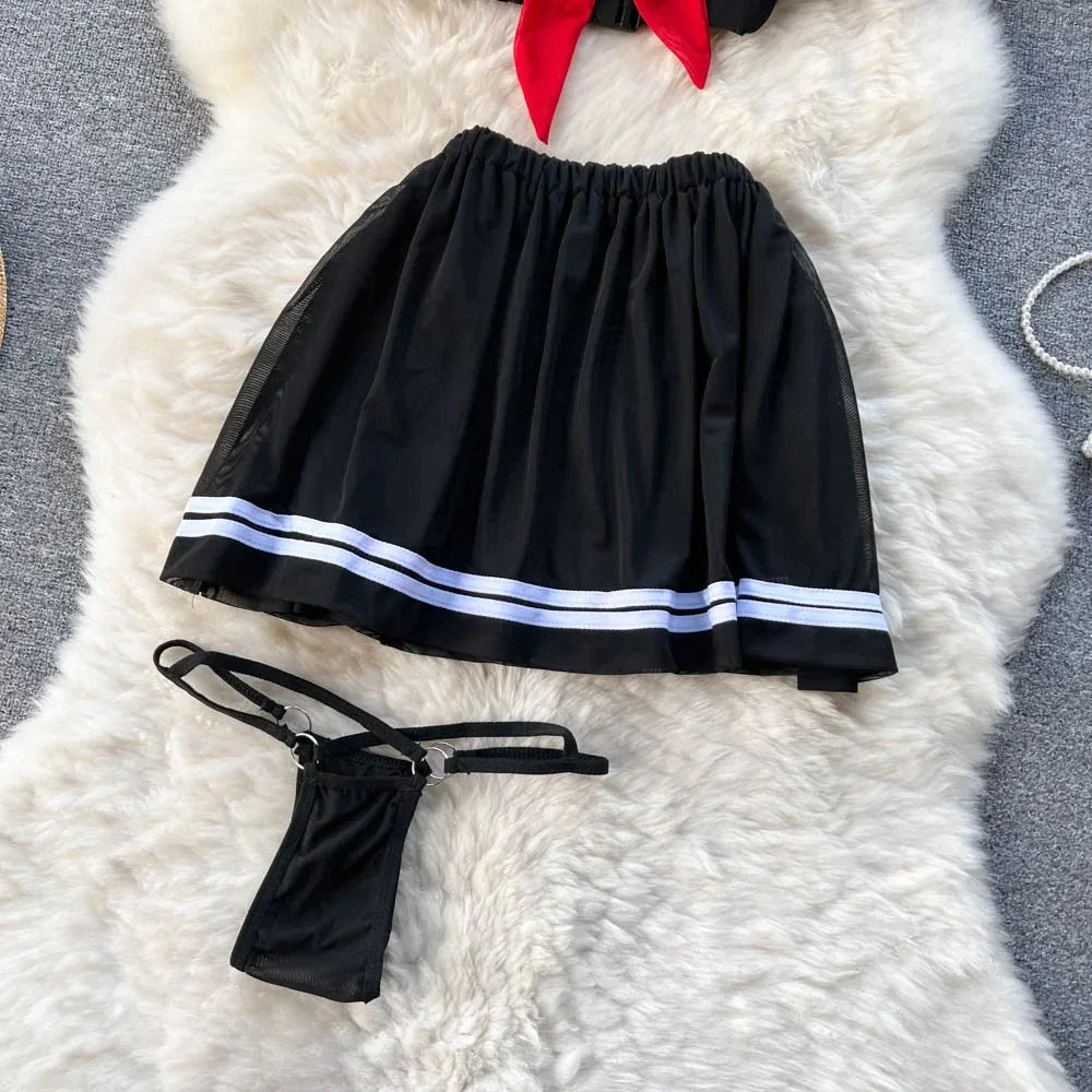 Kawaii Japanese Sailor Girl Cosplay Uniform Set Sexy Short Sleeve Crop Top with Bow and Elastic Waist Striped Mini Skirt