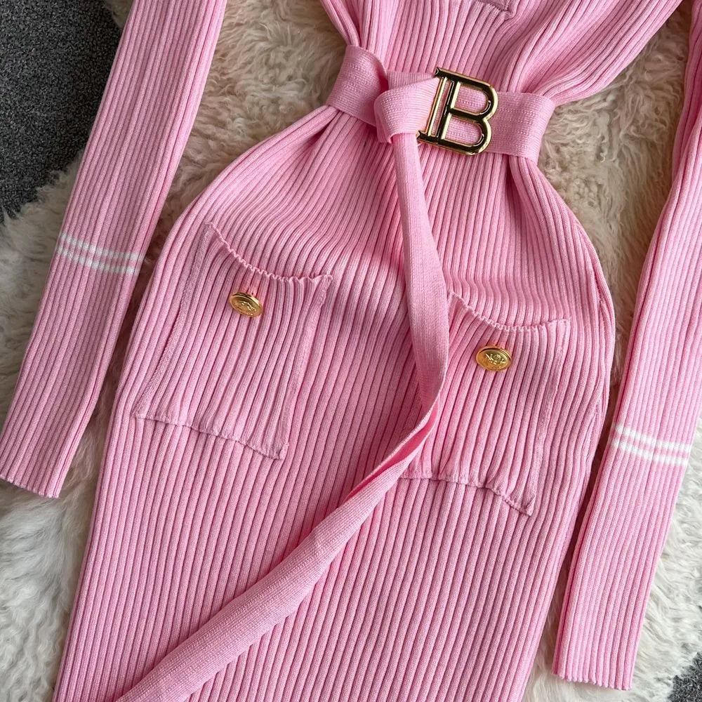 Knitted Sweater Dress With O Neck Belt For Autumn Winter
