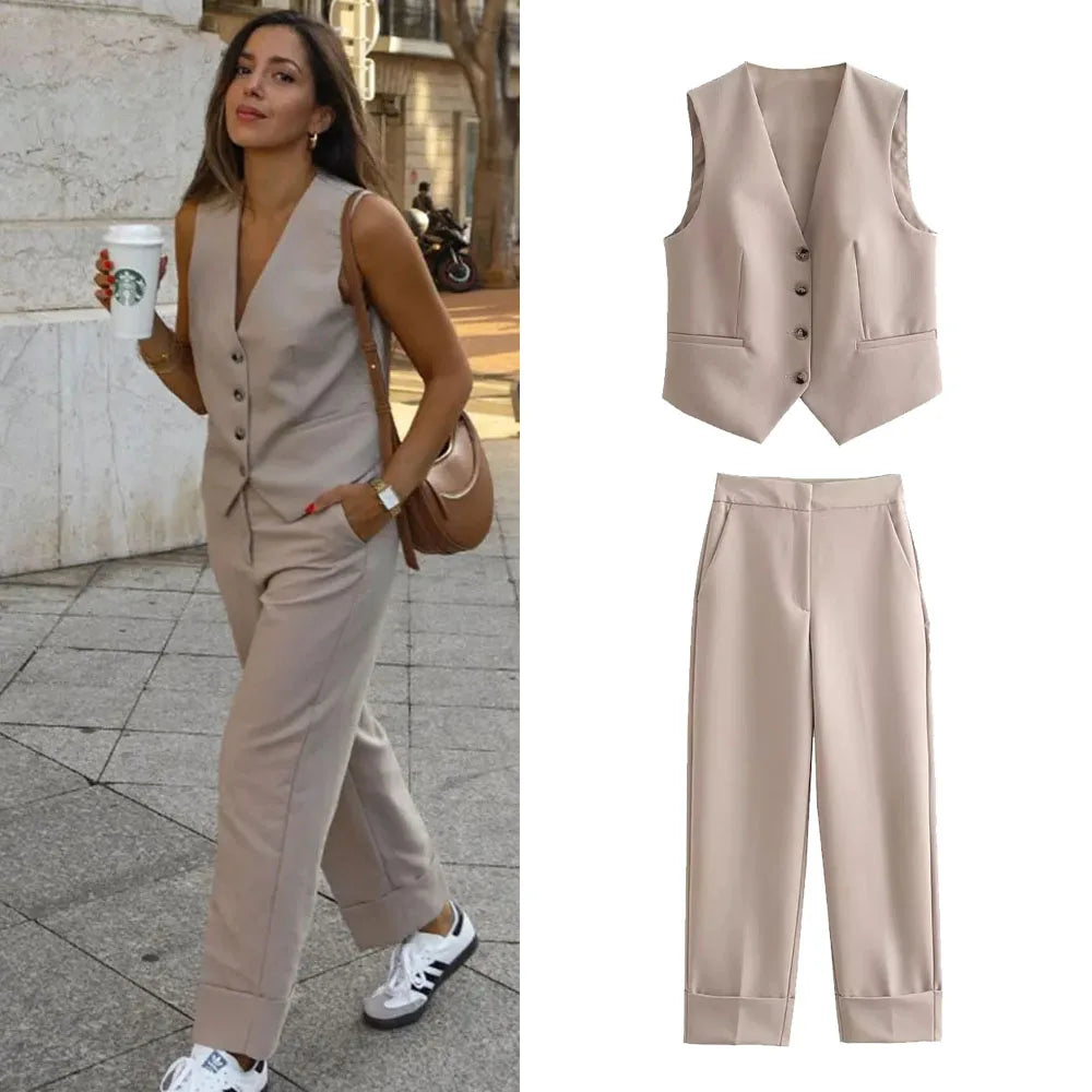 Khaki Women's Suit Set with High Waisted Straight Leg Pants and Fashion Vest