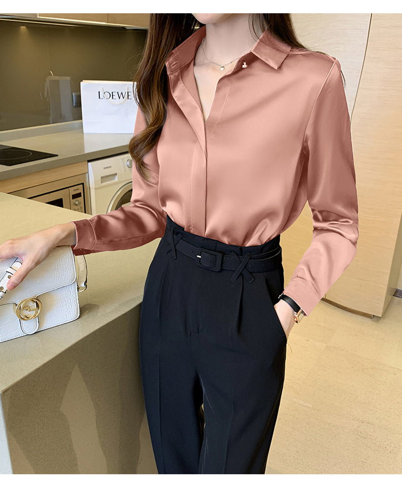 Elegant Satin Women Blouse Long Sleeve Shirt Autumn Fashion Tops for Ladies Office and Casual Wear