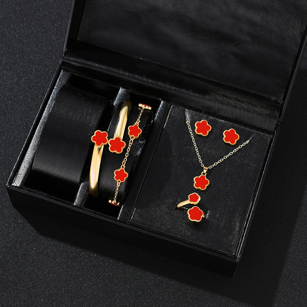 5pcs Women's Flower Jewelry Set with Bracelet Necklace Earrings and Ring
